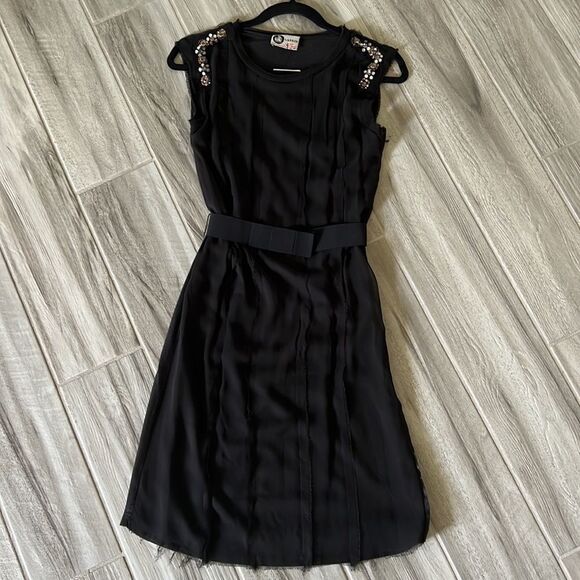 Lanvin Scoop Neck Sleeveless Black Dress With Rhinestones and Ribbon Belt Small - Picture 5 of 10
